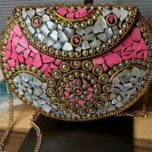 Chic Mosaic Clutch with Gold and Pink Highlights